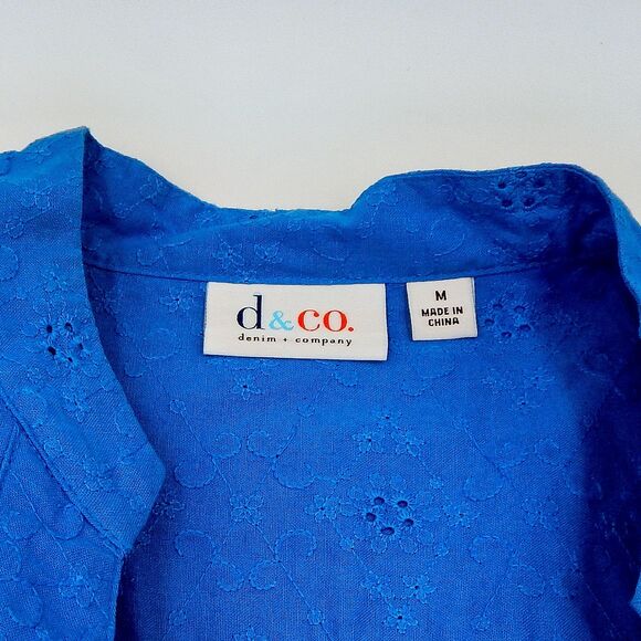 Denim & Co Cotton Eyelet Blue Button-Down Top Tunic Sz M Embroidered 3/4 Sleeve - Picture 3 of 8
